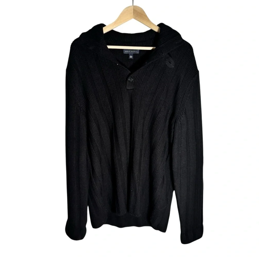 Banana Republic Men's Henley Sweater Merino Wool Ribbed Cowl Neck Black Size XL